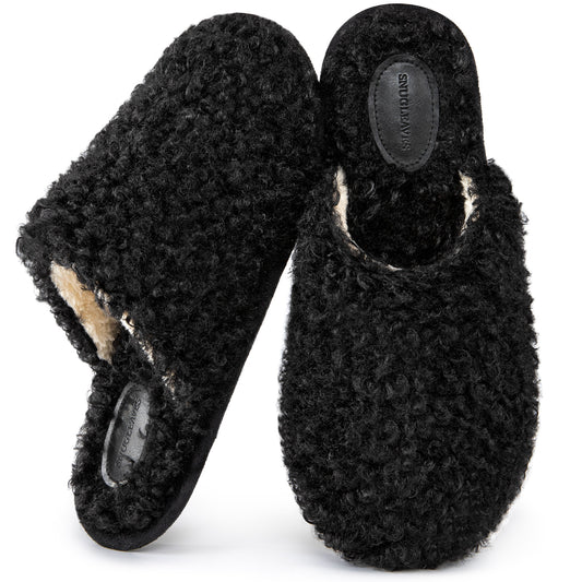 Snug Leaves Women's Scuff Slippers Furry Cute Curly Faux Wool Slip-on Indoor Memory Foam House Shoes